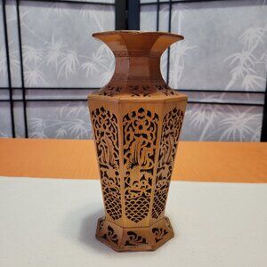 Rare Octagonal Chinese Pierced Bamboo Vase - 9.5" tall